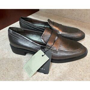 Metallic Leather Penny Loafers Sleek Womens Slip On Dress Shoes